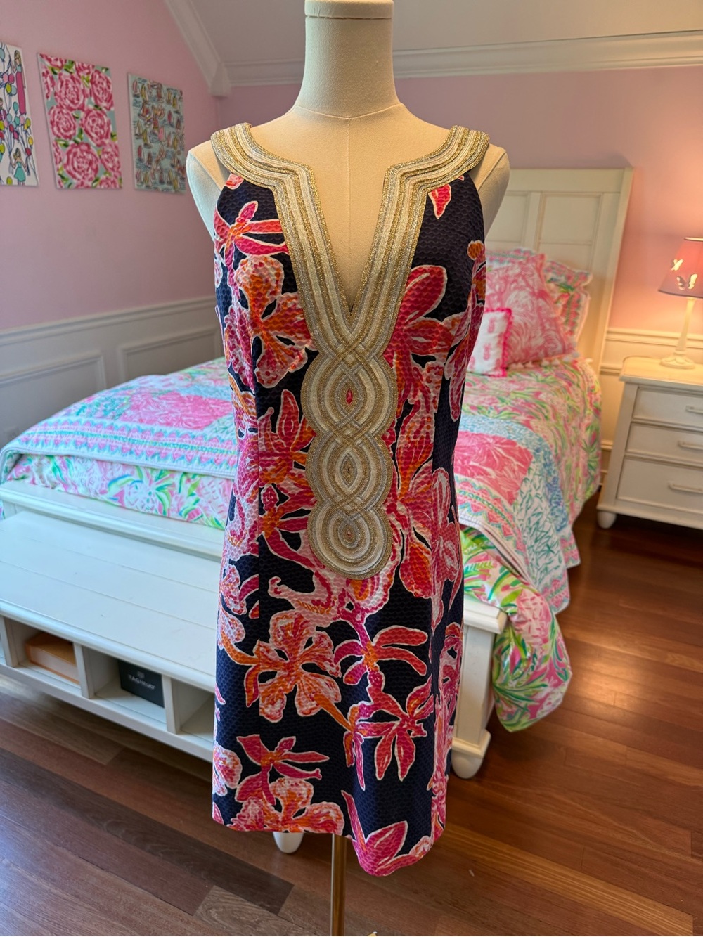 NWT Lilly Pulitzer Navy Dress with Pink & Orange Floral Print and Gold Trim